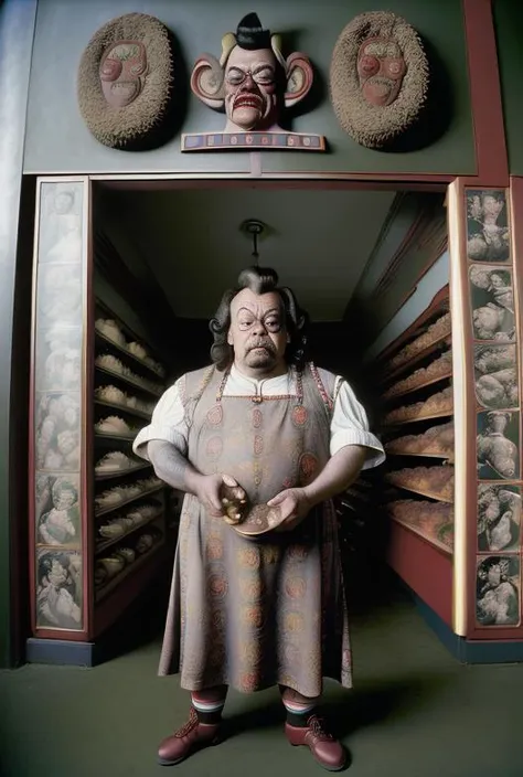 (candid portrait photo of ( dwarf Tim Curry) behind a german delicatessen,:1.1)butcher apron,Fujifilm Fujichrome Provia 100F film ,art direction by frank oz and terry gilliam, ANALOG STYLE,
80sdarkfantasysd15b, <lora:15NEIGHBORS:1> <lora:completeAbsurdity> deli, meat, sausages, deli counter,