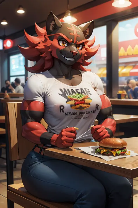 incineroar,muscular, wide hips, small breasts, tail, firebelt, wearing a tshirt, graphic design on shirt, pants, looking at viewer, serious, smiling, 
sitting behind a table inside a fast food restaurant, table full of food, hamburgers, french fries, extreme detail, masterpiece,  <lora:Incineroar_ks:.8>