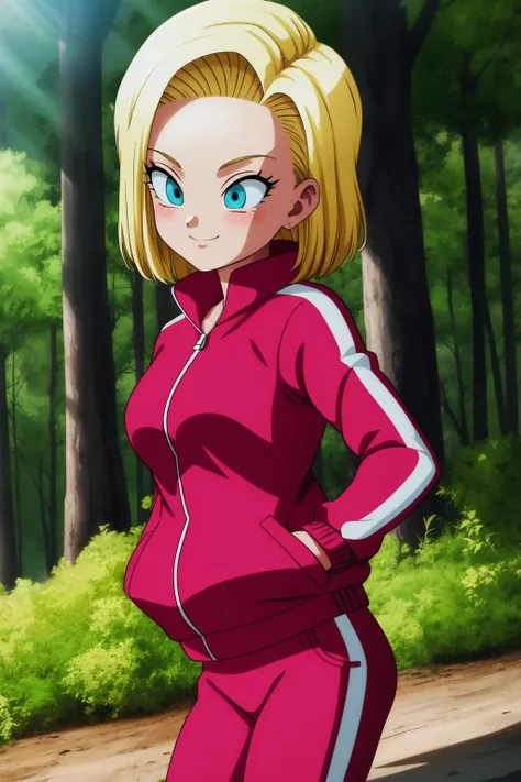 android18, 1girl, solo, blue eyes, blonde hair, short hair,
track jacket, pink jacket, track suit, long sleeves, track pants, pink pants,
smile,closed mouth,cowboy shot, hands in pocket,
forest,outdoor,
(insanely detailed, beautiful detailed face, masterpiece, best quality) cinematic lighting,<lora:DBS_Android18_v2:1>, <lora:more_details:0.3>,