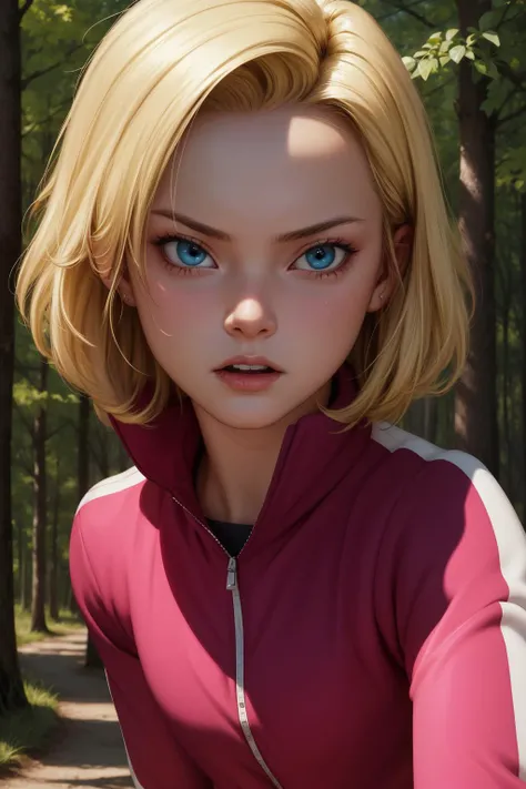 android18, 1girl, solo, blue eyes, blonde hair, short hair,
track jacket, pink jacket, track suit, long sleeves,
angry,
forest,outdoor,
(insanely detailed, beautiful detailed face, masterpiece, best quality) cinematic lighting,<lora:DBS_Android18_v2:1>, <lora:more_details:0.3>,