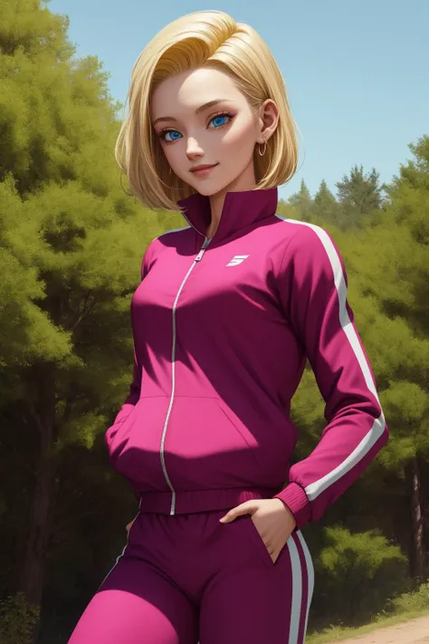 android18, 1girl, solo, blue eyes, blonde hair, short hair, earrings,
track jacket, pink jacket, track suit, long sleeves, track pants, pink pants,
smile,closed mouth,cowboy shot, hands in pocket,
forest,outdoor,
(insanely detailed, beautiful detailed face, masterpiece, best quality) cinematic lighting,<lora:DBS_Android18_v2:1>, <lora:more_details:0.3>,
