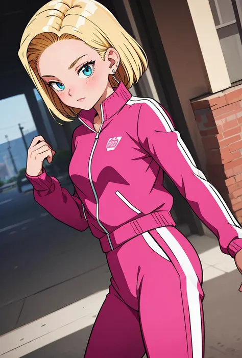 (masterpiece, best quality), 1girl, <lora:DBS_Android18_v2:0.8> android18, 1girl, solo, blue eyes, blonde hair, short hair, earrings,, track jacket, pink jacket, track suit, long sleeves, track pants, pink pants,