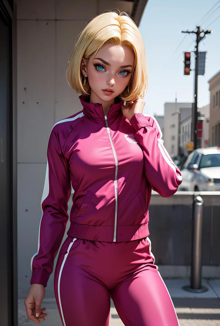 (masterpiece, best quality), 1girl, <lora:DBS_Android18_v2:0.8> android18, 1girl, solo, blue eyes, blonde hair, short hair, earrings,, track jacket, pink jacket, track suit, long sleeves, track pants, pink pants,