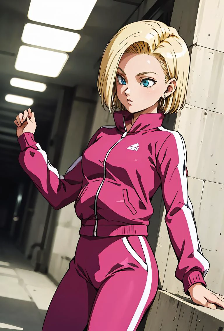 (masterpiece, best quality), 1girl, <lora:DBS_Android18_v2:0.8> android18, 1girl, solo, blue eyes, blonde hair, short hair, earrings,, track jacket, pink jacket, track suit, long sleeves, track pants, pink pants,