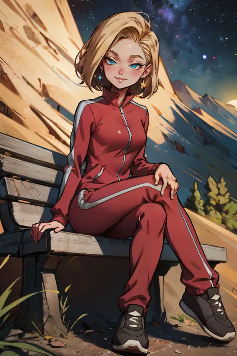 android18, blue eyes, short blonde hair, earrings, jacket, pink track suit, long sleeves, track pants, looking at viewer, smiling, sitting, on bench, legs crossed, outside, mountain, space, stars, high quality, masterpiece, <lora:DBS_Android18_v2:.8>
