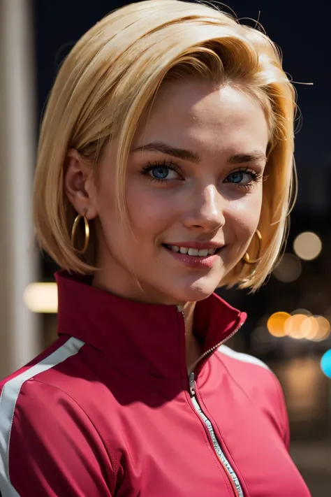 android18, blue eyes, short blonde hair, earrings, pink jacket, track suit, looking at viewer, smiling, close up, outside, cityscape, night, bokeh,high quality, masterpiece, <lora:DBS_Android18_v2:.8>
