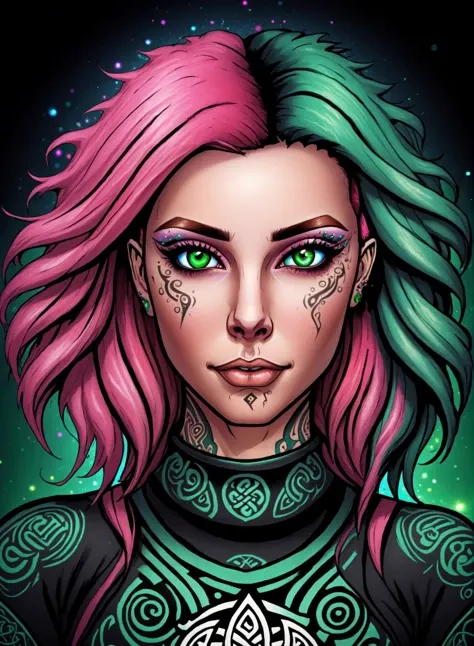 (detailed background, dark fantasy), (comic book art by Duskfall Portal Crew), (beautiful detailed face), high contrast, colorful, hyper detail, dramatic light, intricate details, (1girl, solo, pink hair, sharp face, green eyes, hair between eyes, dynamic angle), glitter, celtic symbols, tattoo, movie poster, swirling black light around the character, depth of field, bokeh, full body, LUT Like a movie, 4 point perspective, vantage point, full body, extremely detailed illustration by duskfall portal crew