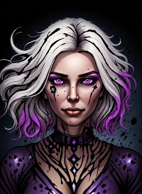 (masterpiece, best quality, ultra-detailed, best shadow), (detailed background,dark fantasy), (beautiful detailed face), high contrast, (best illumination, an extremely delicate and beautiful), ((cinematic light)), colorful, hyper detail, dramatic light, intricate details, (1girl, solo,white hair, sharp face,purple eyes, hair between eyes,dynamic angle), blood splatter, swirling black light around the character, depth of field,black light particles,(broken glass),magic circle, full body,