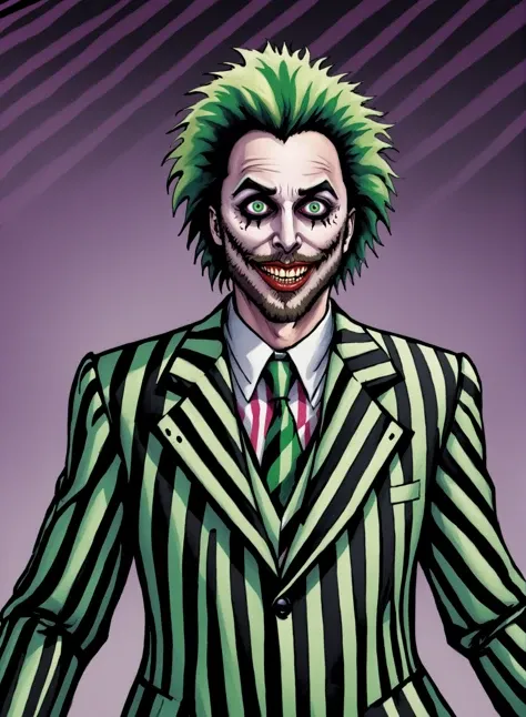 comic book art, 1boy, male focus, solo, facial hair, smile, beard, green hair, heterochromia, formal, looking at viewer, prison clothes, striped suit, suit , Beetlejuice, Beetlejuice, Beetlejuice, Alex brightman as Beetlejuice from the Beetlejuice Musical, art by ed benes, (masterpiece, best quality:1.2), (absurdres, highres, ultra-detailed), (perfect anatomy), best illustration