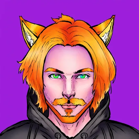 solo, blue eyes, 1boy, animal ears, green eyes, male focus, cat ears, hood, orange hair, facial hair, heterochromia, beard, purple background, mustache, looking at viewer, masterpiece, official art,