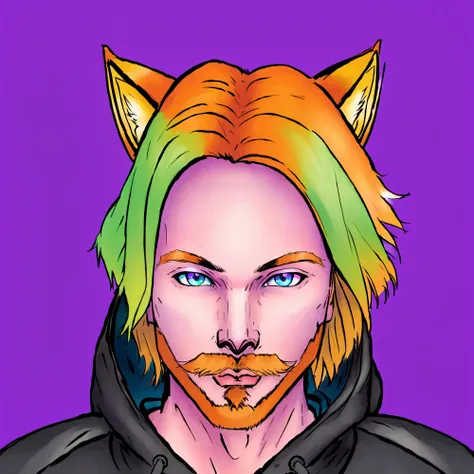 solo, blue eyes, 1boy, animal ears, green eyes, male focus, cat ears, hood, orange hair, facial hair, heterochromia, beard, purple background, mustache, masterpiece, official art,