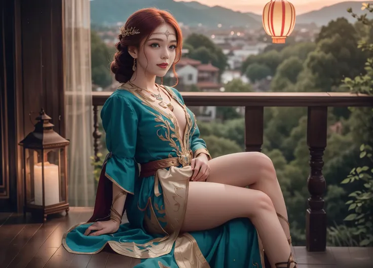 best quality, ultra highres, (8k, RAW photo), (full body:1.1), sharp focus, (insanely detailed), highly detailed photo, photorealistic, hyperrealism, continuous angles, perfect composition, natural geometry, rule of thirds, golden ratio, rim light, (film grain:1.43)
young woman looking past the camera, smile, long red hair, red lipstick, looking down, hot af, freckles, blue eyes, slim petite body, thick thighs, jewelry, circlet, necklace, (huge breast:0.8), (ulzzang-6500:0.75)
35mm analog film photo, leaning on opened window balcony, sunset, lanterns, trmg, triss merigold, intricate green dress, baroque architecture