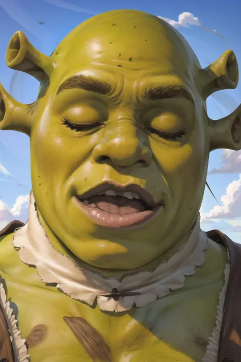 Highly detailed, High Quality, Masterpiece, beautiful, solo, shrex, green skin, ogre, shrek, <lora:Char_Sigmas_Shrek:0.9>, edgOrgasm, face focus, <lora:Expression_OrgasmingFace:1>, closed eyes, open mouth, blush