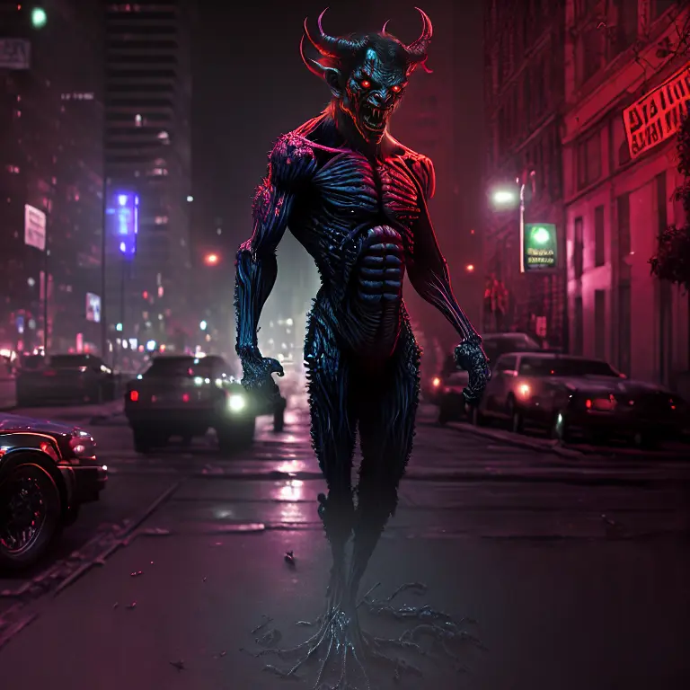 ((full body)), (demon), ripped body, Horror movie, highly detailed, illustration, digital art, hd, 8k, soft lighting, dark, details, ultrarealistic, bckgroud night in the city zoombie