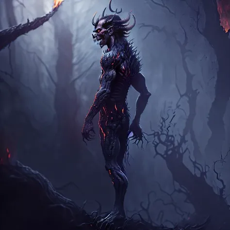 ((demon)), (((backgroud dark fire))), Horror , highly detailed, Ilustration, digital art, hd, 8k, soft lighting, dark, details, ultra-realistic,((full body)), (((profile face))),