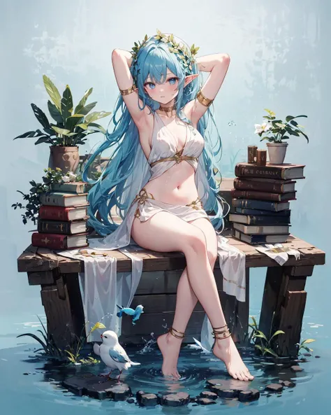 <lora:GreekClothes:1>,
greek clothes, peplos, 1girl, long hair, barefoot, blue hair, bird, navel, solo, pointy ears, water, breasts, jewelry, book, sitting, armpits, anklet, tree, plant, medium breasts, soaking feet, blue background, midriff, arms up, full body, elf, looking at viewer, very long hair, faux figurine, collarbone, stomach, bracelet