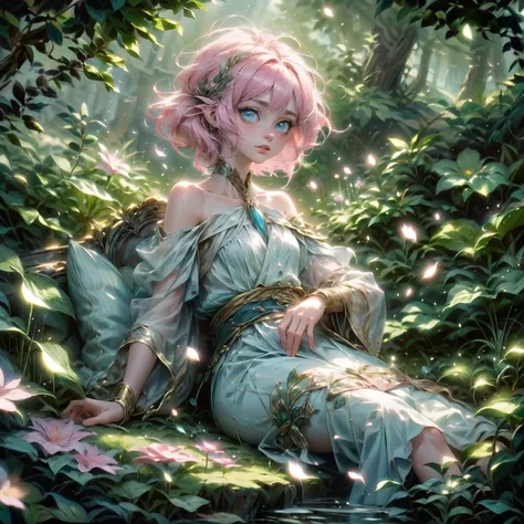 (masterpiece), (best quality:1.2), (sidelighting, finely detailed beautiful eyes: 1.2), highres, absurdres, unity 8k wallpaper, ultra detailed, intricate details, (detailed light), letterboxed, illustration, 1girl, solo, style-sylvamagic, (full body:0.8), light pink hair, short hair, side braid, freckles, pointy nose, single side ponytail, beautiful face, hair ornament, BREAK
light aquamarine eyes, white greek clothes, peplos, exposed shoulders, thighs, feminine, delicate, lounging, BREAK
(surrounded by flowers and petals:1.3), outdoors, (vibrant flowers:1.1), colored petals, lush nature, looking at viewer, looking to the side, sitting,<lora:GreekClothes:1> <lora:hairdetailer:0.6> <lora:NatureMagic:1> <lora:seeThroughSilhouette_v11:1> <lora:hd_helper_v1:1> <lora:more_details:0.4>