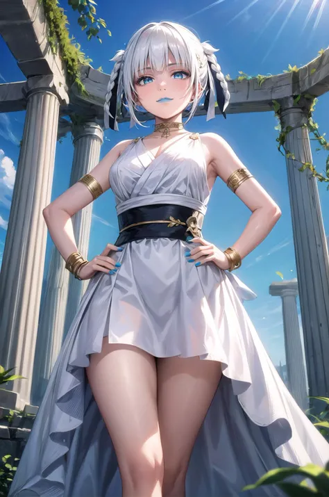 (masterpiece, best quality, detailed), 1girl, solo, looking at viewer, <lora:kirari-nvwls-v1:0.9>, momobami kirari, white hair, braid, hair rings, hair ribbon, black ribbon, <lora:GreekClothes:1>, (greek clothes), sleeveless, (peplos), jewelry, (laurel crown:1.2), hair ornament, armlet, outdoors, architecture, pillar, bush, (nature:0.9), vines, scenery, wind, falling leaves, hands on hips, legs apart, blue nails, blue lipstick, bracelet, arch, blue sky, from below, light smile, closed mouth