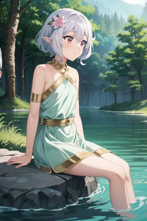 masterpiece, best quality, cowboy shot, 1girl, small chest, <lora:GreekClothes:0.8>, greek clothes, peplos, sitting on the rock, in the middle of lake,
<lora:PrincessConnect_Kokkoro:0.6>, Kokkoro, grey hair, short hair, antenna hair, pink eyes, hair flower, pointy ears, looking away, blush, shy,
in the forest,