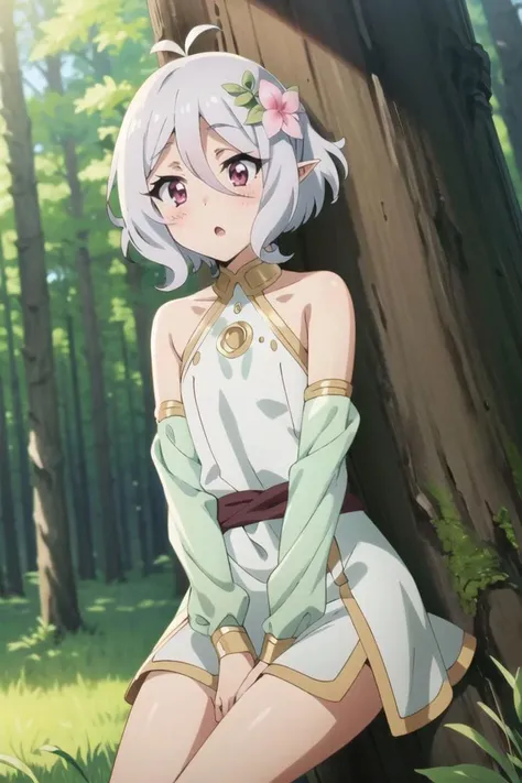 masterpiece, best quality, cowboy shot, 1girl, small chest, <lora:GreekClothes:0.7>, greek clothes, peplos, sitting on the grass, under the tree, leaning against the tree, head tilted,
<lora:PrincessConnect_Kokkoro:0.75>, Kokkoro, grey hair, short hair, antenna hair, pink eyes, hair flower, pointy ears, :O, blush,
in the forest,
