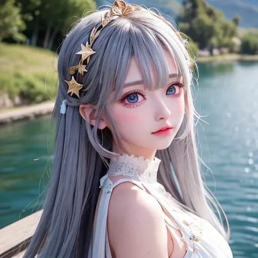 beautiful face,best quality,greek clothes,blush,(seductive smile:0.75),upper body,white long hair ,river,Pure,lace collar, beautiful anime eyes,View from afarï¼backï¼blinkï¼lakeï¼star-shaped pupilsï¼Playfulï¼cuteï¼Blow hairsï¼Fluffy hairï¼grey pupilsï¼shame faceï¼Star-shaped hair accessories
<lora:GreekClothes:0.7>,without hands