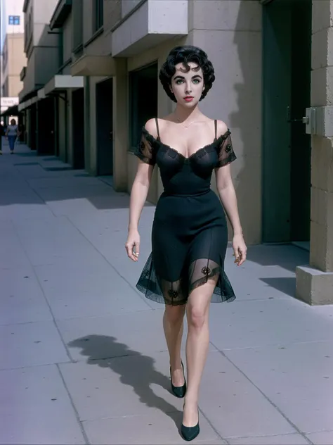 intricate photo of elizabethtaylor <lora:ElizabethTaylor:1> walking the streets , detailed eyes, shoes, 4k, high quality, masterpiece