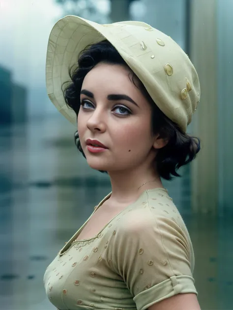 intricate photo of elizabethtaylor <lora:ElizabethTaylor:1> singing in the rain , detailed eyes, short hair, 4k, high quality, masterpiece