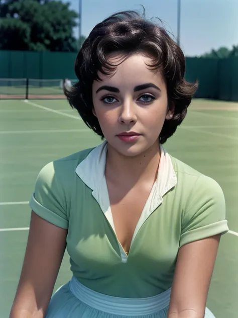 intricate photo of elizabethtaylor <lora:ElizabethTaylor:1> on the tennis court , detailed eyes, 3boys, 4k, high quality, masterpiece