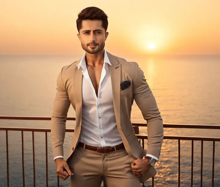 arafed man in a tan suit standing on a balcony overlooking the ocean