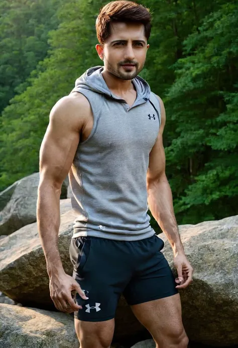 photo of jean-luc bilodeau <lora:rehaan-roy_Jean-Luc-Bilodeau:1>, wearing a sleeveless well-fitted under armour hoodie and compression shorts, standing on a boulder, outdoor trail, 35mm photograph, film, bokeh, professional, 4k, highly detailed, creek in the background, natural lighting, golden hour