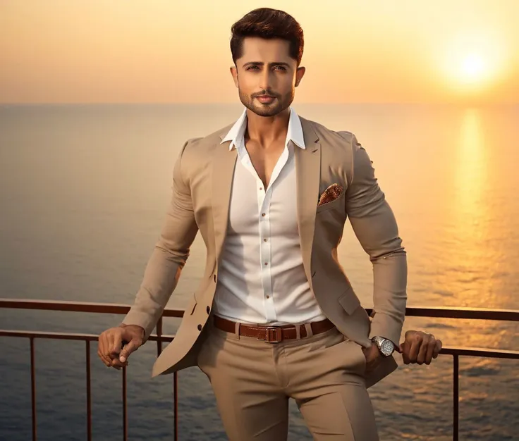 Nautical-themed (Photo:1.3) of (Ultrarealistic:1.3) <lora:Man_Men_FFashion:1> jean-luc bilodeau <lora:rehaan-roy_Jean-Luc-Bilodeau:1> in a tan suit standing on a balcony, sun behind him, inspired by Pablo Munoz Gomez, shot at golden hour, editorial photograph, midshot of a hunky, by Roman Bezpalkiv, by Artur Tarnowski, maxim sukharev, by Gabor Szikszai,Highly Detailed,(Mono Color:1.3) . Sea, ocean, ships, maritime, beach, marine life, highly detailed