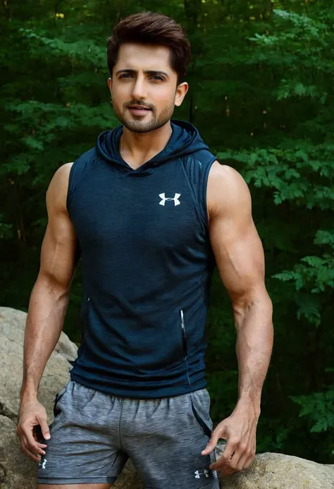 photo of jean-luc bilodeau <lora:rehaan-roy_Jean-Luc-Bilodeau:1>, wearing a sleeveless well-fitted under armour hoodie and compression shorts, standing on a boulder, outdoor trail, 35mm photograph, film, bokeh, professional, 4k, highly detailed, creek in the background, natural lighting, golden hour