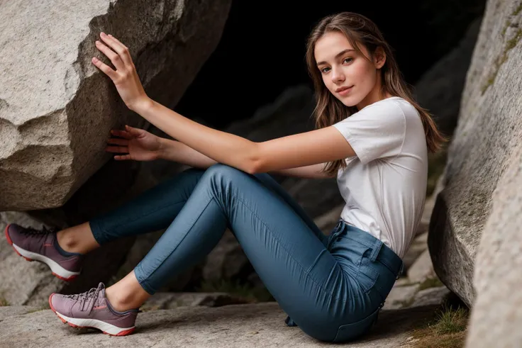 full body,photo of a 18 year old girl,climbing,happy,shirt,pants,outdoor,windy,mountain,ray tracing,detail shadow,shot on Fujifilm X-T4,85mm f1.2,sharp focus,depth of field,blurry background,bokeh,motion blur,<lora:add_detail:1>,