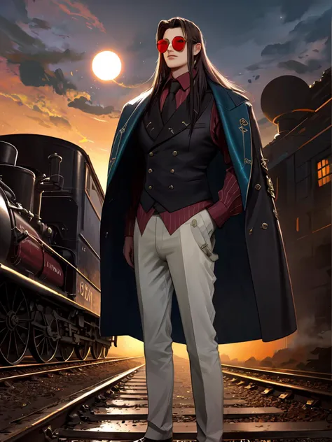 highres,masterpiece,best quality,1boy,<lora:ShadowverseIceschillendrigV3:0.75>,vest,formal,jacket,tie,standing by railway,steam railway,moon,blackhole,wearing red sun glasses