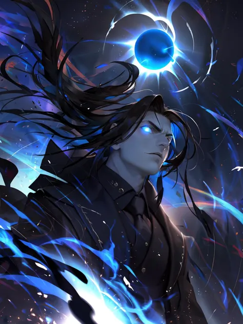 highres,masterpiece,best quality,1boy,<lora:ShadowverseIceschillendrigV3:0.75>blackhole,looking at viewer,shaded face,glowing eyes,angry floating,from below,blue eyes,transformed,blue fire,colored skin