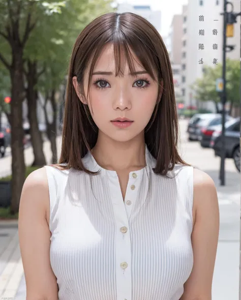 best quality, photorealistic, 8k, high res, full color, 1girl, woman, 20 years old woman, (closed mouth:1.73), (skindentation), (portrait:0.6), trees, park bench, daylight, ((park background:1.52)), full color, ((whitebuttonedshirt:1.58)), looking at viewer:1.8, (1girl eyes looking at viewer:1.55), (medium hair, brownhair, partedbangs:1.45), (bokeh), <lora:AAV-uta:0.69>