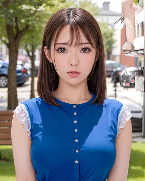 pureerosface_v1:0.3, best quality, photorealistic, 8k, high res, full color, 1girl, woman, 20 years old woman, (closed mouth:1.83), (skindentation), (portrait:0.6), trees, park bench, daylight, ((park background:1.52)), full color, ((sleevelessblueshirt:1.58)), looking at viewer:1.8, (1girl eyes looking at viewer:1.55), (medium hair, brownhair, partedbangs:1.45), (bokeh), <lora:AAV-uta:0.69>