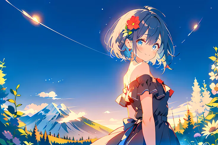 1girl, upper body, standing, from behind, looking back, short hair, blue hair, blue eyes, black dress, frilled dress, off shoulder dress, strapless dress, short sleeves, frilled sleeves, bare shoulders, closed mouth, smile, nature, flower field, mountain, night, night sky