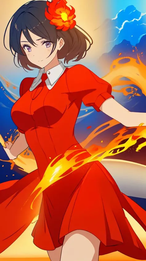 1girl, fire girl, girl aestheticly on fire, fire elemental, one with fire, mischievous, dance in flames, swirling vortex