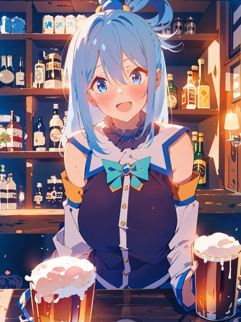 masterpiece, best quality, warm lighting, 1girl, drunk, pint of beer, table, 
High Quality, 1girl, blue eyes, blue hair, blush, detached sleeves, hair ornament, hair rings,long hair, <lora:aqua_konosuba-000035:0.8>, konosuba aqua,