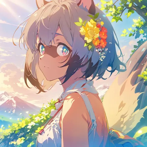 <lora:Michiru_V2.2N_130Img_better_fur:1> 1girl, body fur, solo, raccoon ears, two-tone hair, short hair, (raccoon tail:1.0), dark body, fluffy fur, multicolored eyes,white dress,beautifly, outdoors,mountain,tree,on grass,white flower,yellow flower,day,sunlight,blue sky, close up,upper body,looking at viewer, (masterpiece:1,2),best quality,masterpiece,highres,original,extremely detailed wallpaper,perfect lighting,(extremely detailed CG:1.2),drawing,paintbrush,
