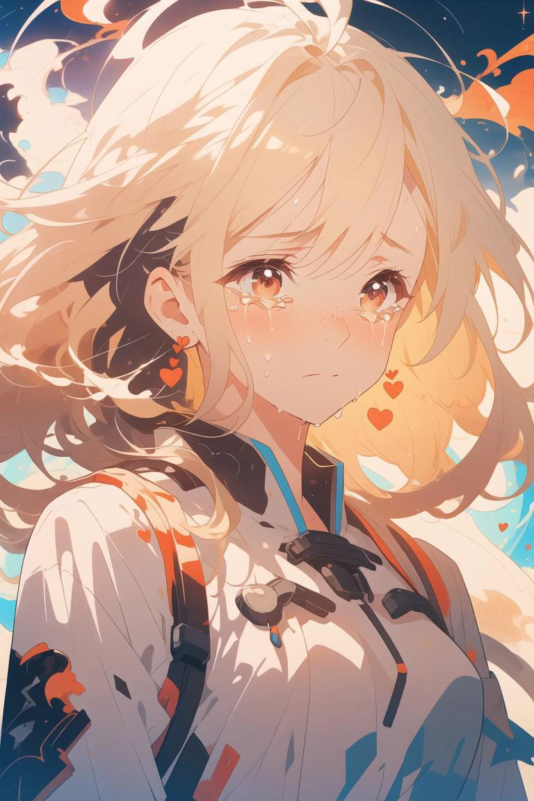 blond hair, long hair, freckles, earrings,
(upper body:1.1), particles, sparkles, flames, (tears:1.2), (crying:1.4), (wet face:1.1),
(torn clothes:1.2), abstract,
bangs, hearts,
<lora:more_details:0.3>
<lora:AnimeVibesV3:0.3> animevibes,
<lora:Unleashed_V1.5:1.35>, shiny, shiny hair, shiny skin, shiny clothes
