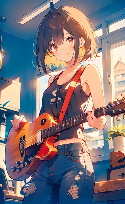 masterpiece, best quality, dark skin, short hair, yellow eyes, black hair, beautiful girl, thin, full body, tall girl, ((male clothes)), ((kawaii)), ((cute)), plan boobs, short boobs, small boobs, ((short chest)), ((big butt)), ((wide thigh)), playing guitar, bedroom, 3/4 perspective