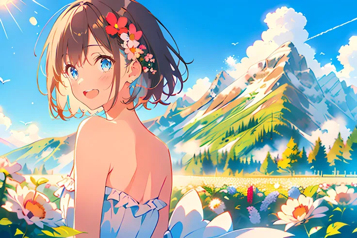 1girl, upper body, standing, from behind, looking back, short hair, brown hair, blue eyes, white dress, frilled dress, strapless dress, bare shoulders, bare arms, bare back, open mouth, smile, nature, flower field, mountain, blue sky, sunlight