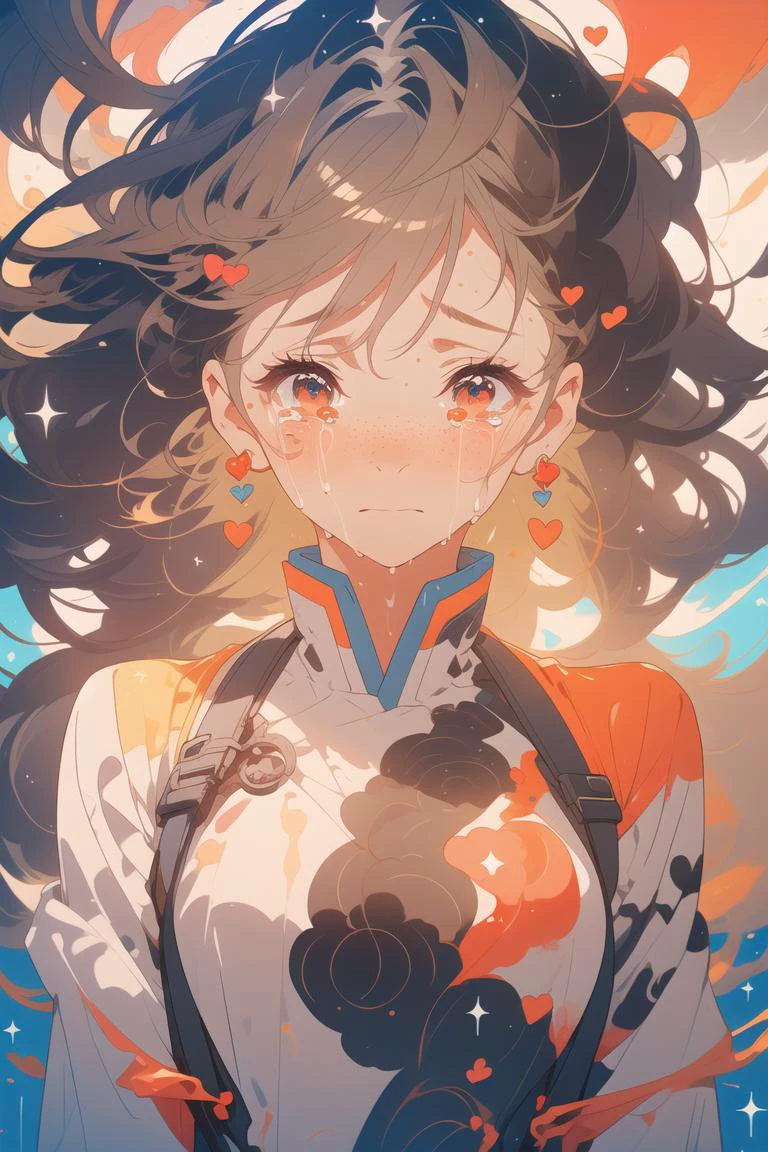 blond hair, long hair, freckles, earrings,
(upper body:1.1), particles, sparkles, flames, (tears:1.2), (crying:1.4), (wet face:1.1),
(torn clothes:1.2), abstract,
bangs, hearts,
<lora:more_details:0.3>
<lora:AnimeVibesV3:0.3> animevibes,
<lora:Unleashed_V1.5:1.35>, shiny, shiny hair, shiny skin, shiny clothes