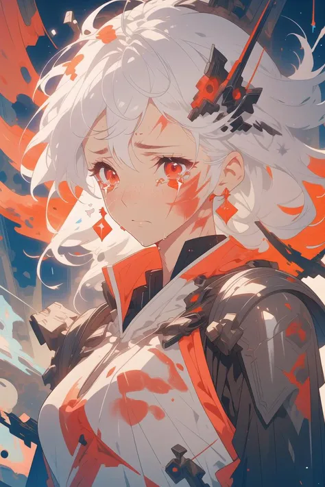 white hair, long hair, freckles, earrings,
(upper body:1.1), (particles:1.2), (sparkles:1.1), flames, (tears:1.3), (crying:1.2), (wet face:1.1),
(torn clothes:1.2), abstract, (red lighting:1.2), knight armor, armor, (bloody face:1.2), (blood:1.1), (scars:1.5),
<lora:more_details:0.3>
<lora:AnimeVibesV3:0.3> animevibes,
<lora:Unleashed_V1.5:1.35>, shiny, shiny hair, shiny skin, shiny clothes
