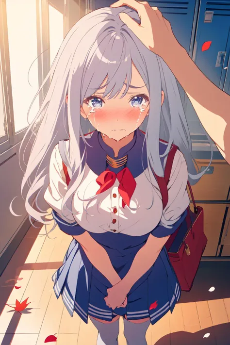 1girl,bag,bangs,blush,breasts,cherry blossoms,confetti,falling leaves,falling petals,indoors,jewelry,leaves in wind,locker,long hair,looking at viewer,petals,petals on liquid,red ribbon,ribbon,rose petals,school uniform,shirt,shoes,shoes removed,short sleeves,skirt,socks,solo,standing,white legwear,white shirt,wind,vladilenamilize,vladilena milize,grey hair,blue eyes,silver hair,<lora:vladilenamilizetest:1>,(sad:1.2),(tear:1.2),(crying:1.2),(close-up:1.2),headpat,(face_focus:1.2),<lora:Concept_Headpat:1>,