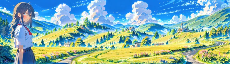 masterpiece, best quality, ultra-detailed, illustration,outdoor, determined expression, scenic road, countryside, greenery, blue sky,white clouds, motion blur, sunlit