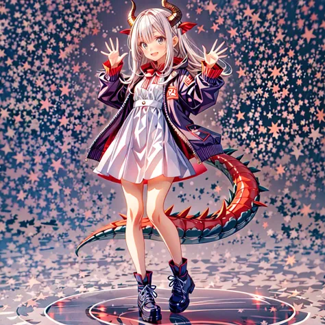 masterpiece, best quality, highres, extremely detailed, very clear, blank-background, abstract, cute-style, <lora:PopUpParadeFiguresStyle:0.6>, full-body, 1girl, dragon-girl, dragon-horns, dragon-tail, white-long-hair, red-dress, black-jacket, <lora:DetailTweaker:1.5>