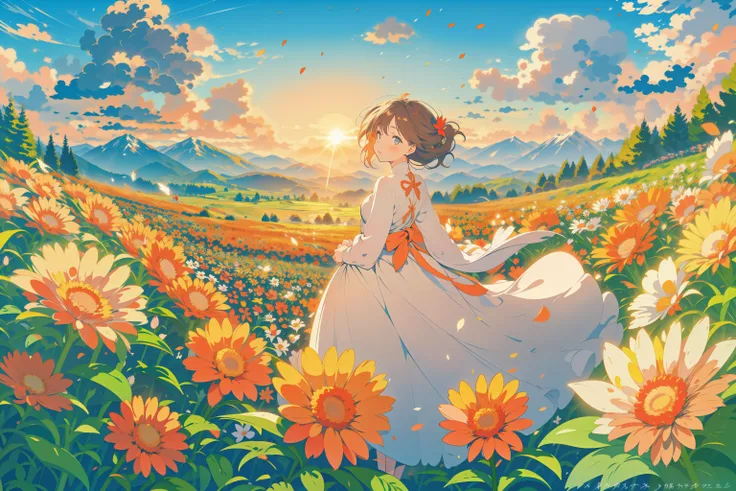 masterpiece, best quality, absurdres, fairy tale style BREAK solo, 1girl, long hair BREAK day, outdoor, sunrise, flower <lora:fairy tale style:0.7>